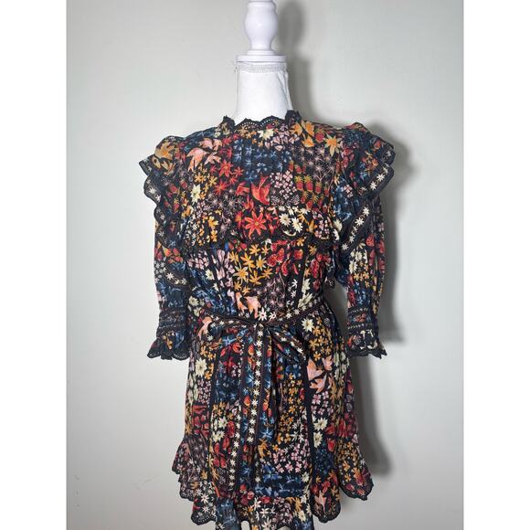NWT Farmrio Black Floral Half Sleeve Back Zip Mini Dress Sz S - Picture 1 of 4